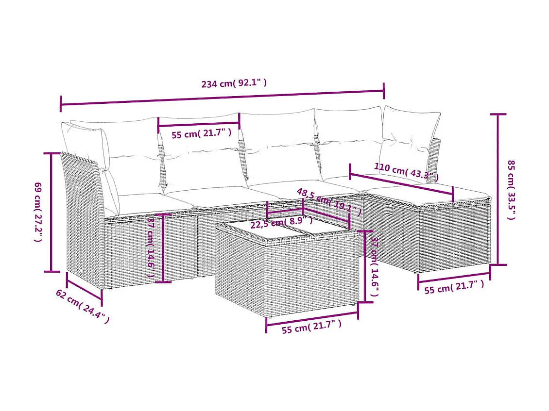 Salon de jardin avec coussins 6 pièces marron résine tressée