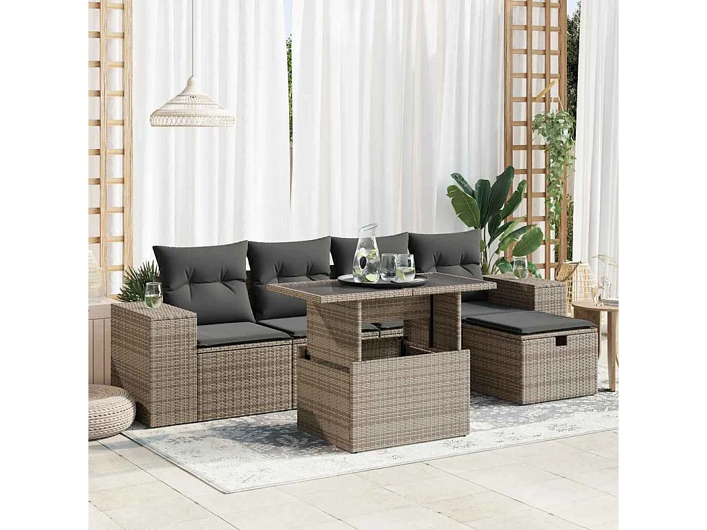 6-delige Loungeset met kussens poly rattan grijs