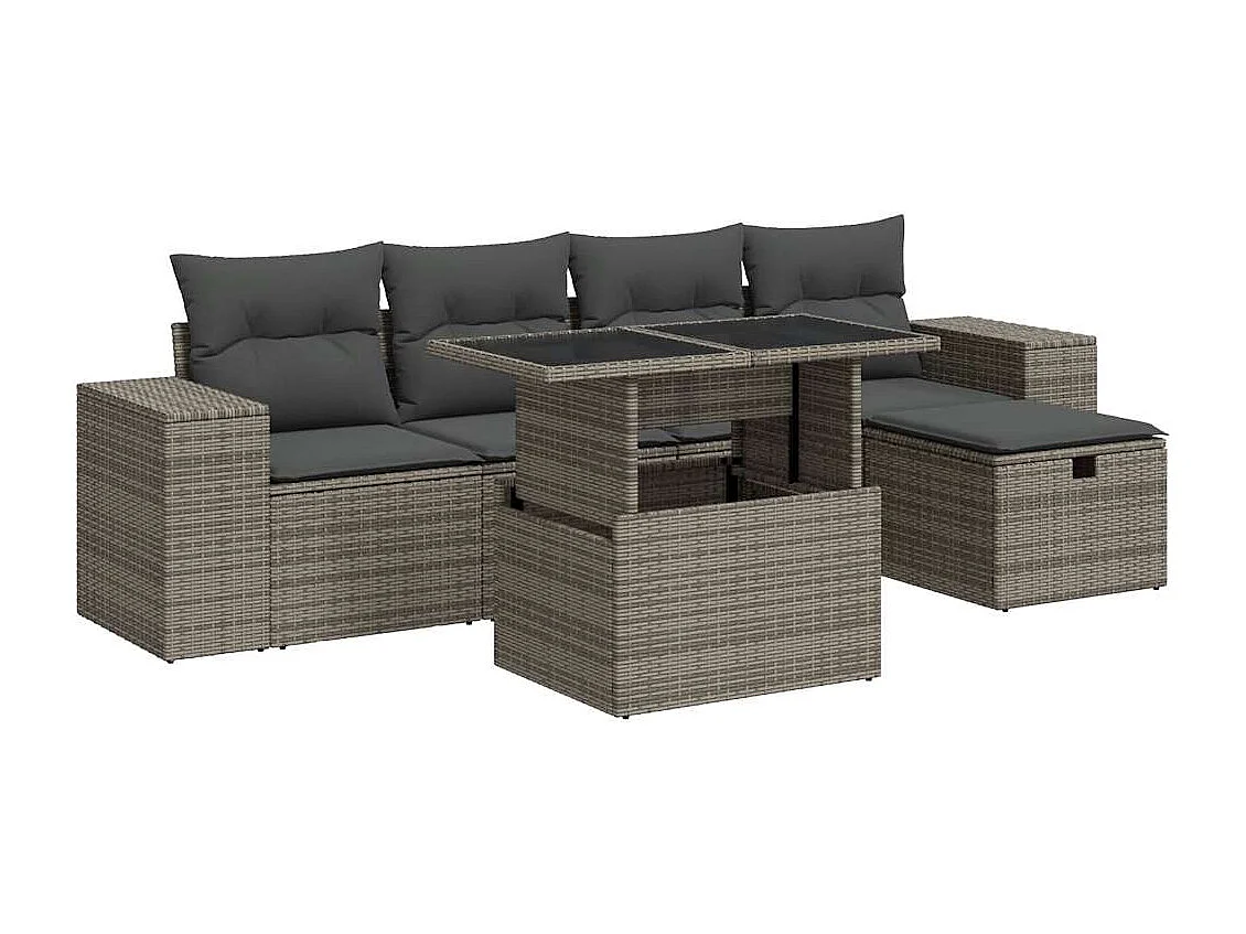 6-delige Loungeset met kussens poly rattan grijs