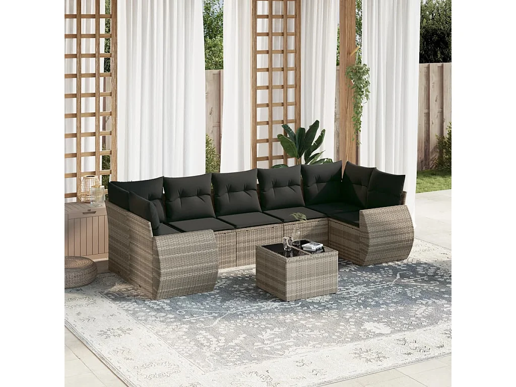 Salon de jardin 8 pièces avec coussins gris clair résine tressée