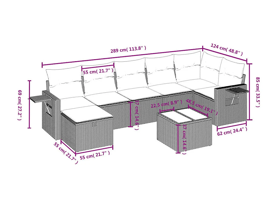 8-delige Loungeset met kussens poly rattan bruin