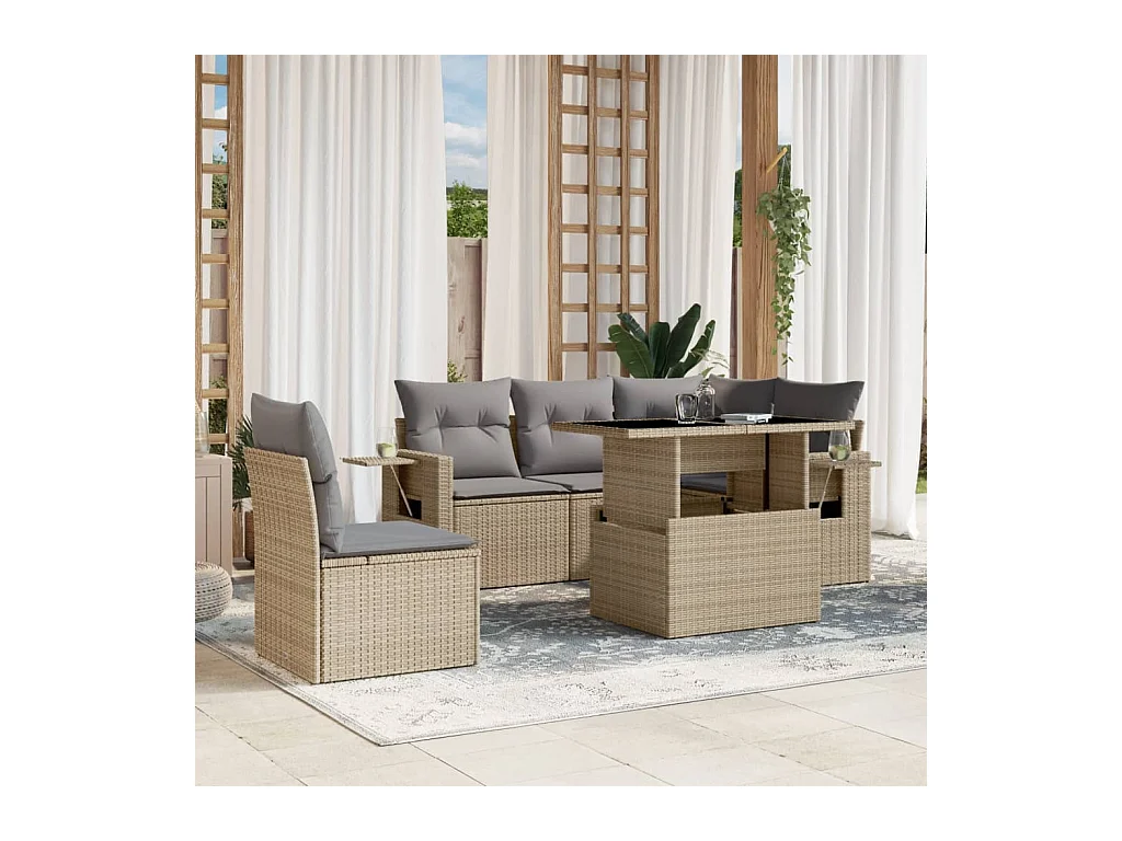 6-delige Loungeset met kussens poly rattan beige