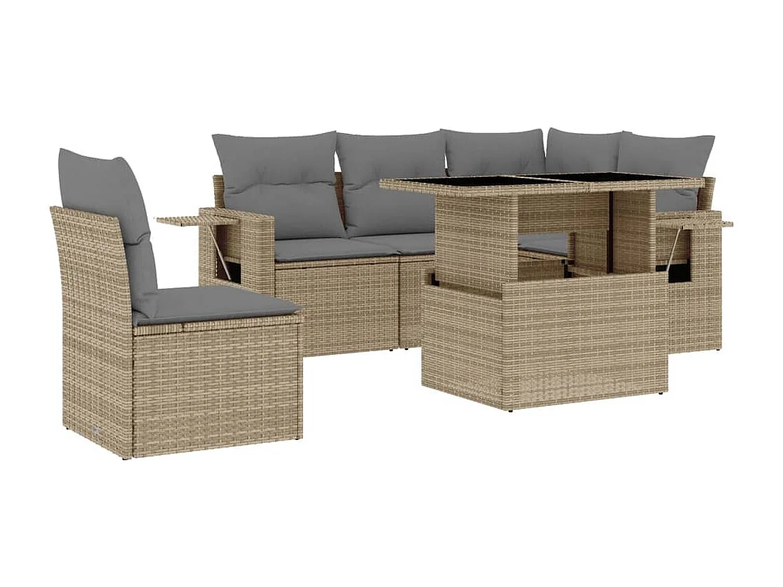 6-delige Loungeset met kussens poly rattan beige