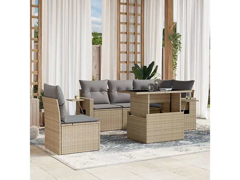 6-delige Loungeset met kussens poly rattan beige