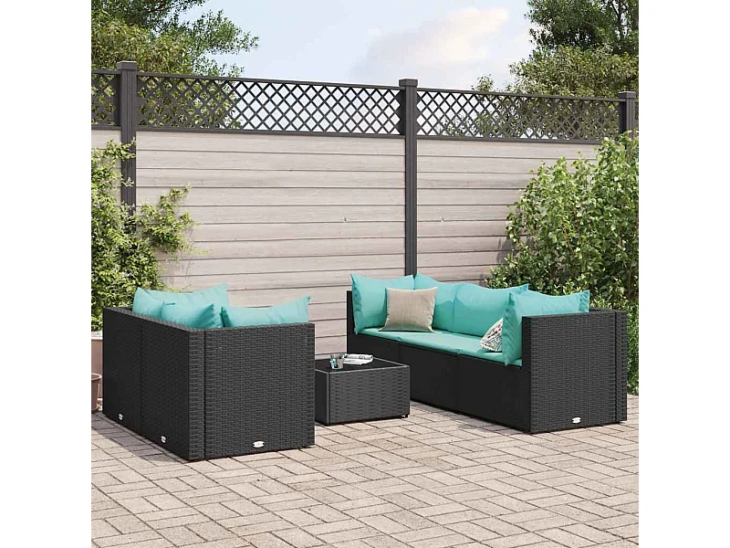 Salon de jardin 6 pièces avec coussins Noir Résine tressée