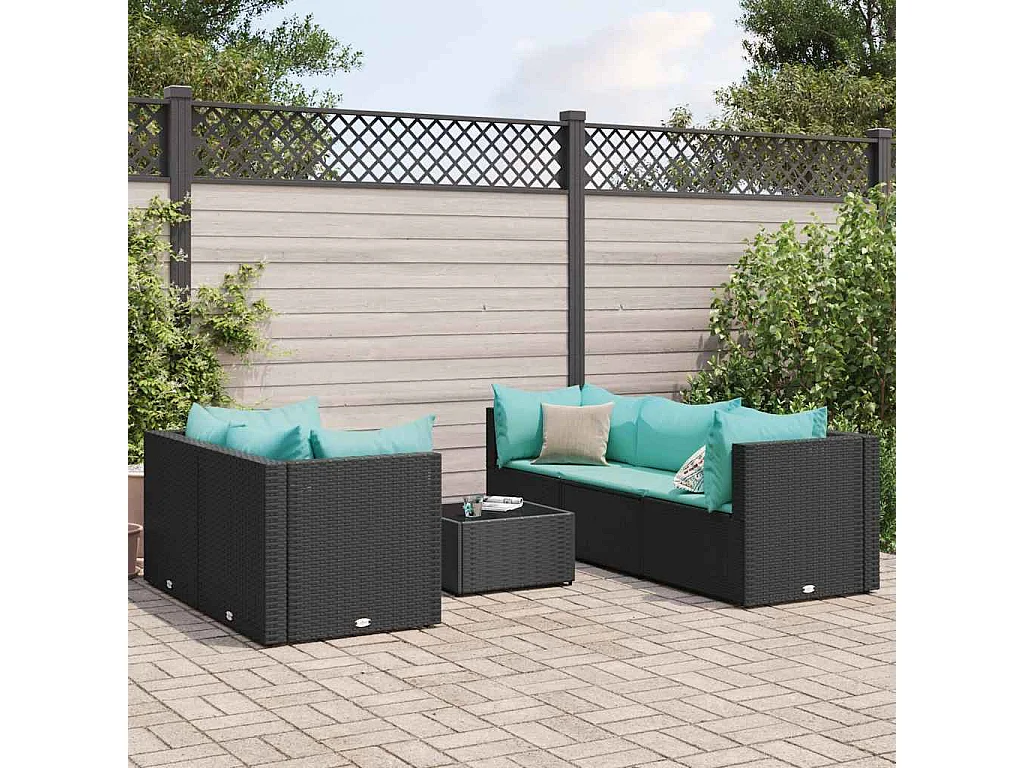 Salon de jardin 6 pièces avec coussins Noir Résine tressée