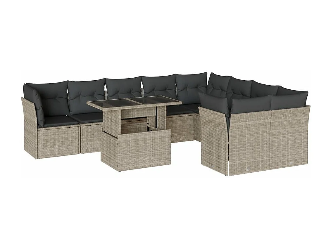 10 peças conj. sofás jardim com almofadões vime PE cinzento-claro