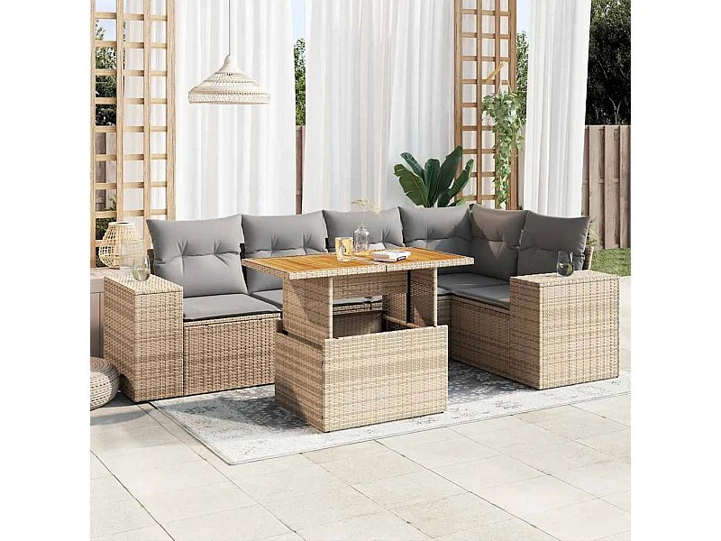 Salon de jardin avec coussins 6 pièces beige résine tressée