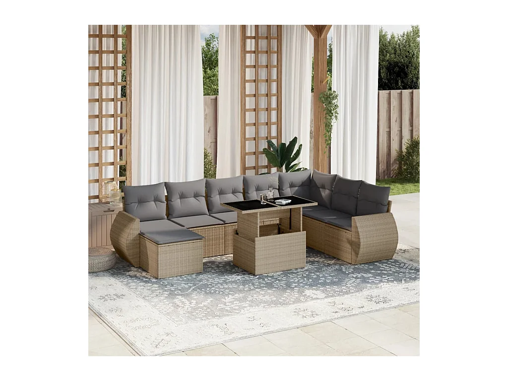 Salon de jardin avec coussins 9 pièces beige résine tressée