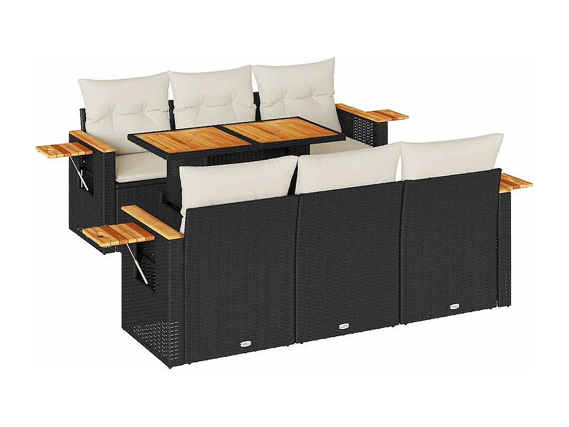 7-delige Loungeset met kussens poly rattan acacia zwart