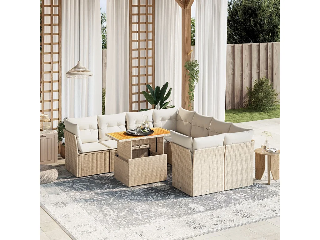 9 peças conjunto de sofás para jardim com almofadões vime PE bege