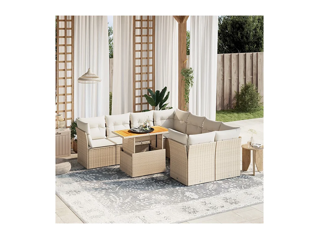 9-delige Loungeset met kussens poly rattan beige