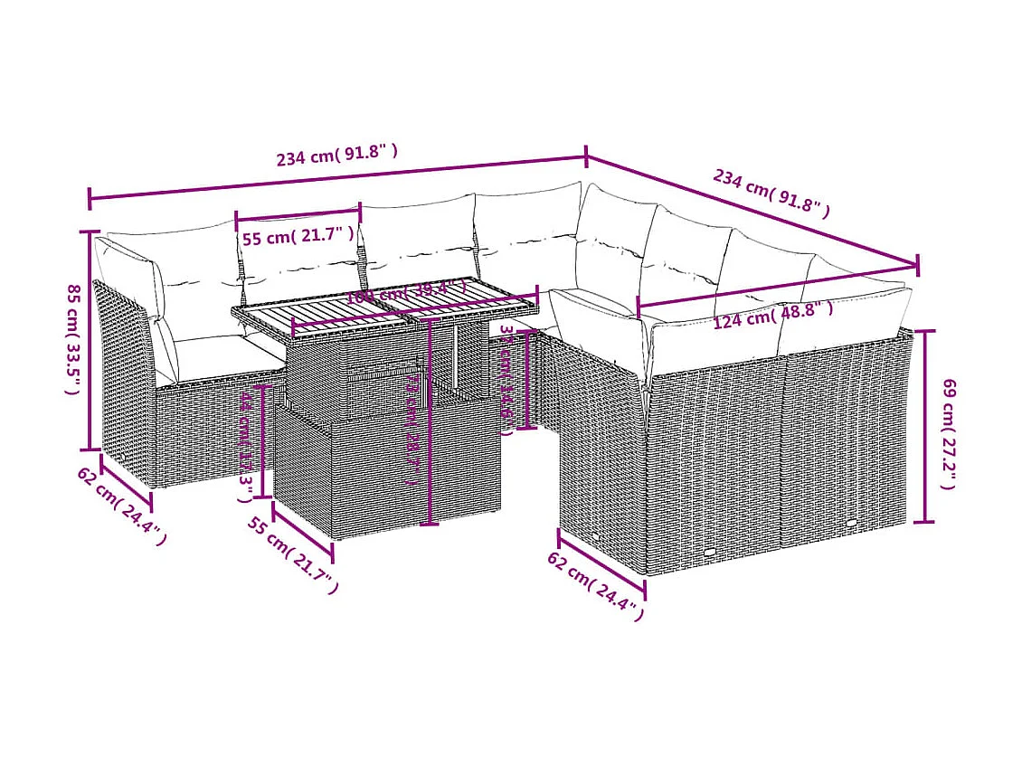 Salon de jardin avec coussins 9 pièces beige résine tressée