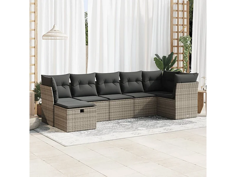 Set de sofás de jardín 7 piezas con cojines ratán sintético gris