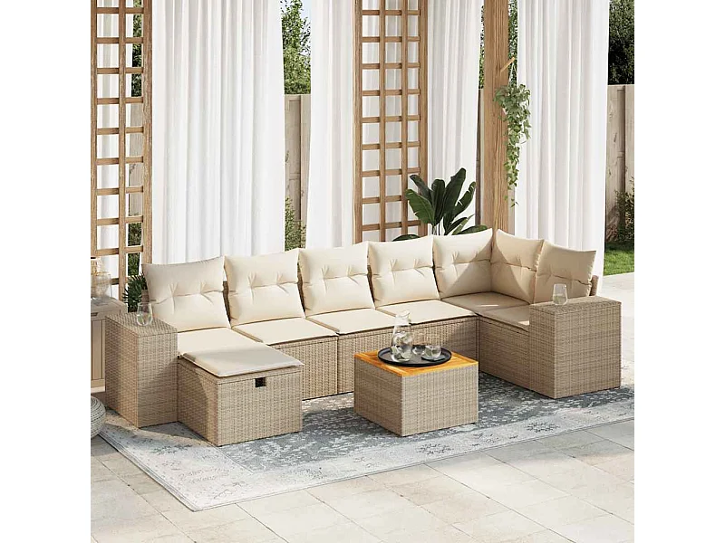 8 peças conjunto de sofás para jardim com almofadões vime PE bege