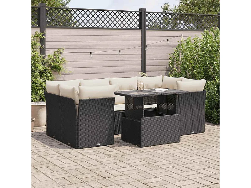 7-delige Loungeset met kussens poly rattan zwart