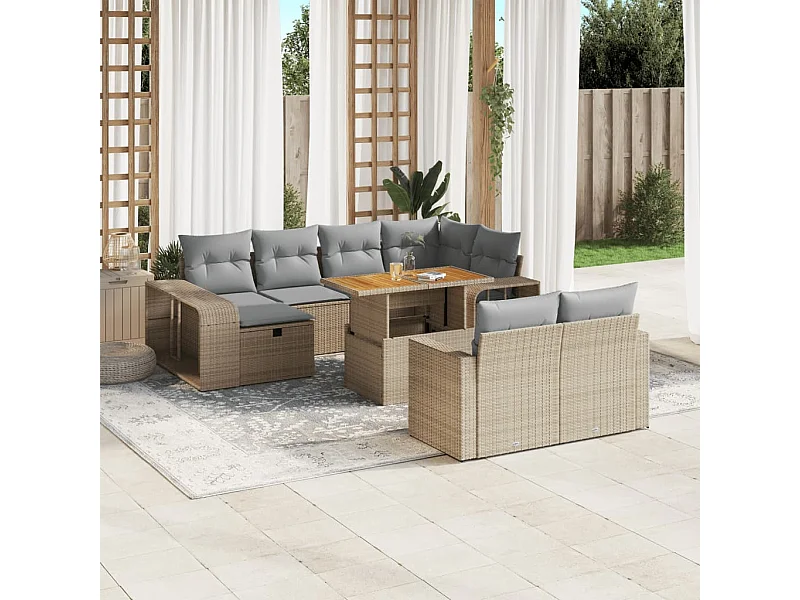 Salon de jardin 11 pièces avec coussins beige résine tressée