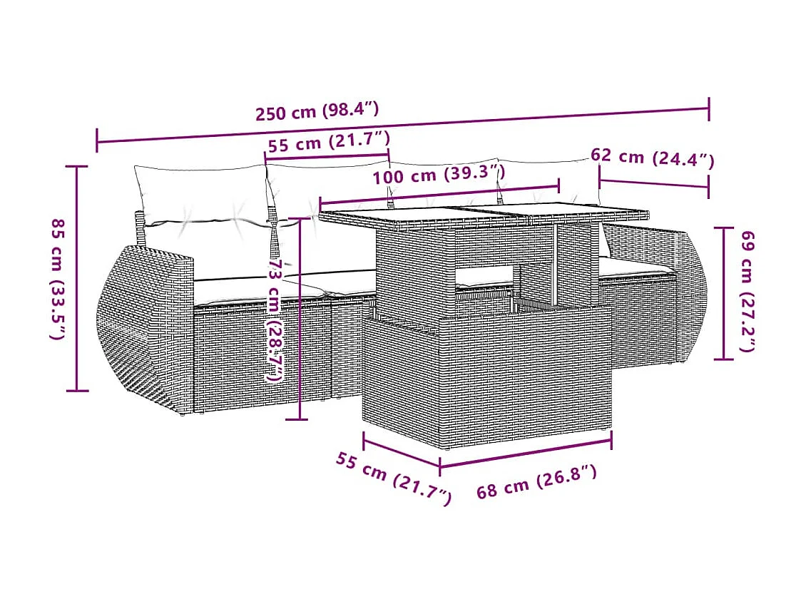 Salon de jardin avec coussins 5 pièces marron résine tressée