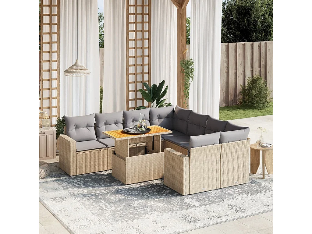 9-delige Loungeset met kussens poly rattan beige