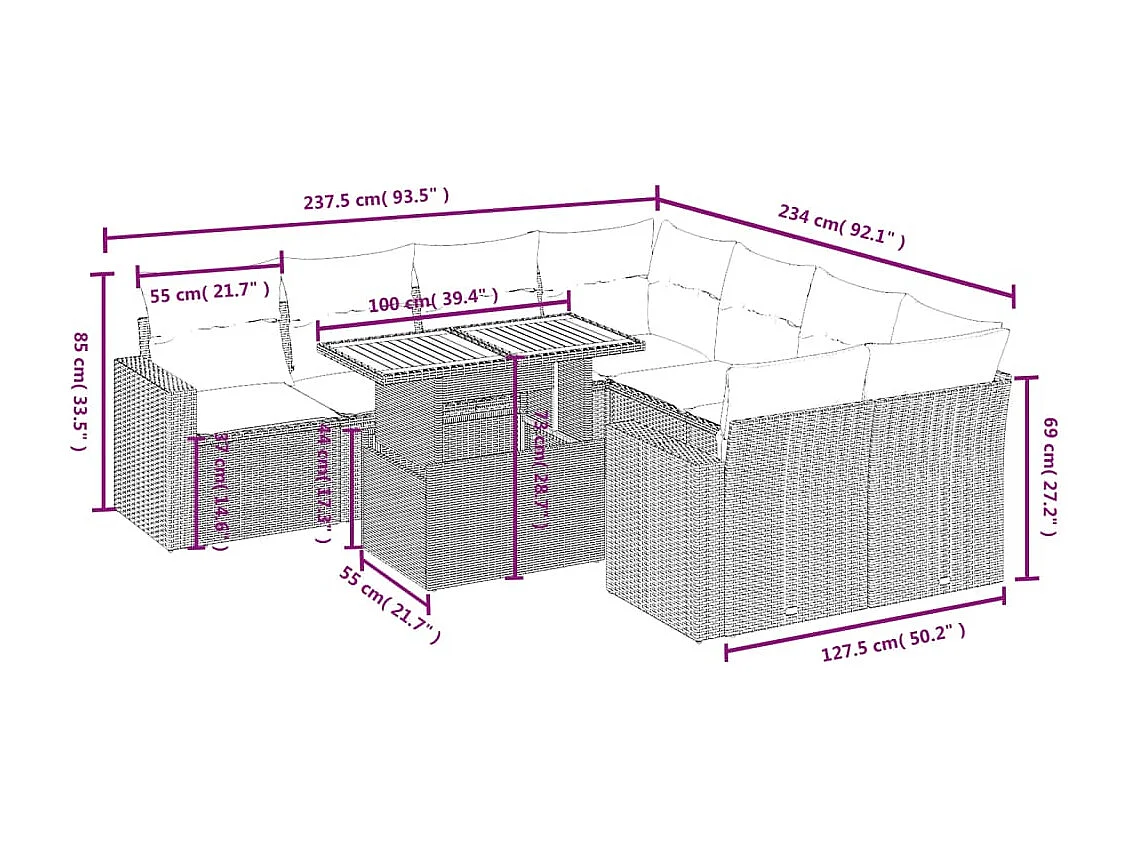 9-delige Loungeset met kussens poly rattan beige