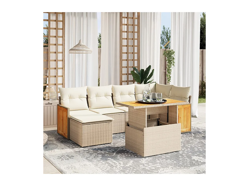 7 peças conjunto de sofás para jardim com almofadões vime PE bege