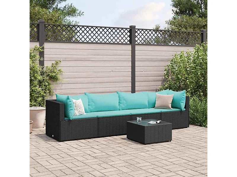 5-delige Loungeset met kussens poly rattan zwart