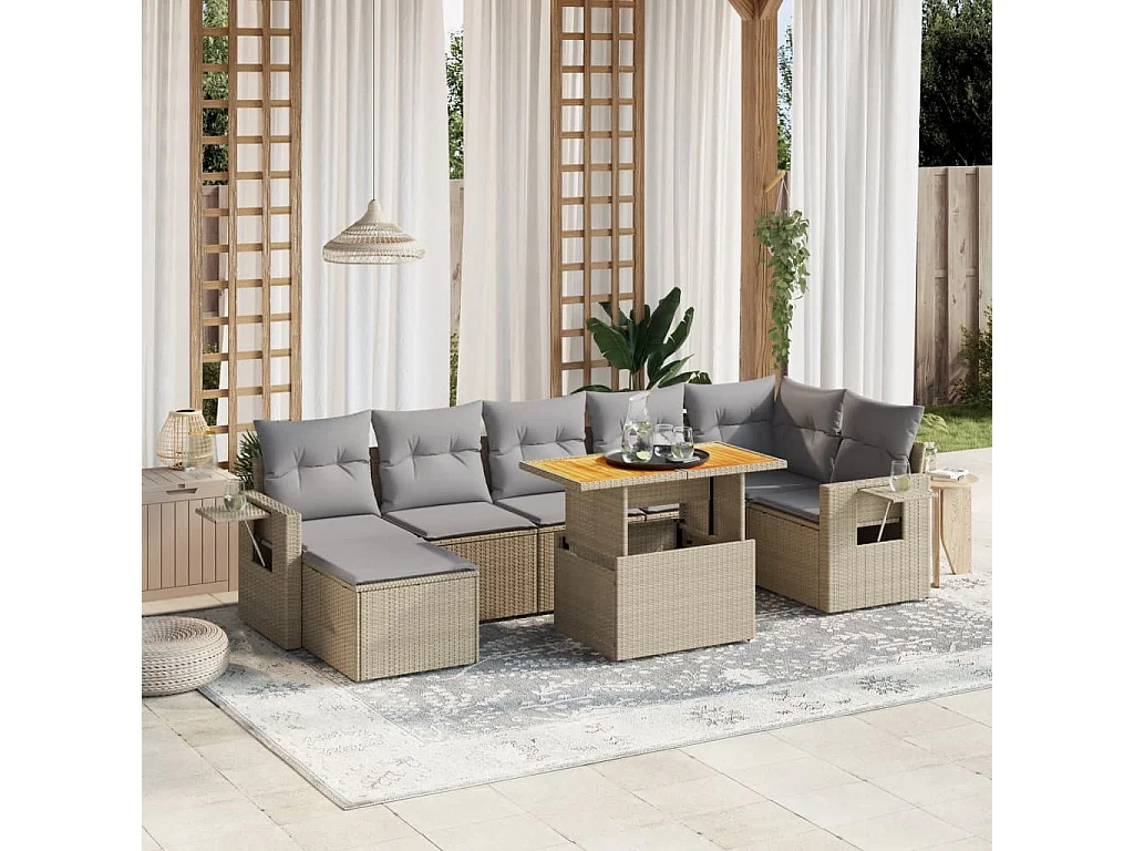 8-delige Loungeset met kussens poly rattan beige