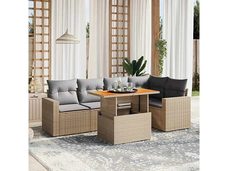 6 peças conjunto de sofás para jardim com almofadões vime PE bege