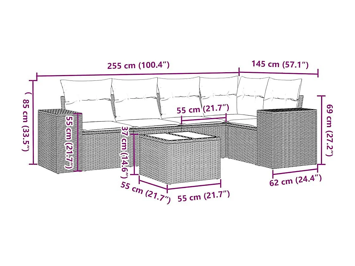 Set de sofás de jardín 6 piezas y cojines ratán sintético gris
