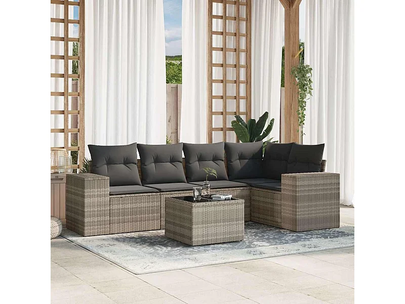 Set de sofás de jardín 6 piezas y cojines ratán sintético gris