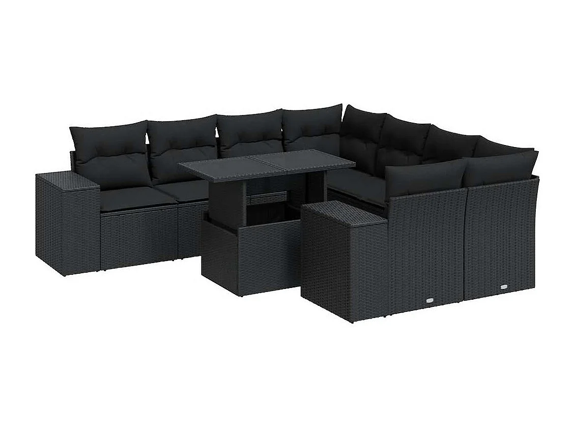 Set de sofás de jardín con cojines 9 piezas ratán sintético negro