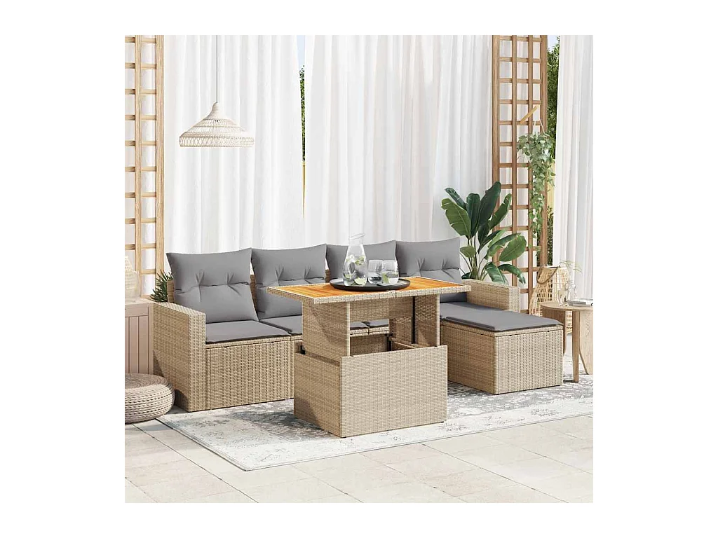 Salon de jardin avec coussins 6 pièces beige résine tressée
