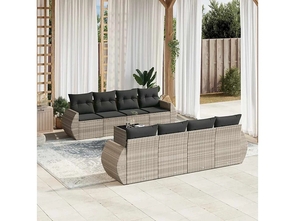 9-delige Loungeset met kussens poly rattan lichtgrijs
