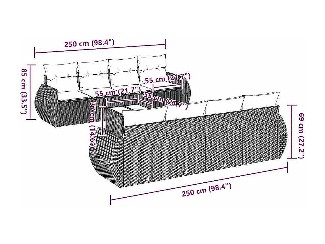 9-delige Loungeset met kussens poly rattan lichtgrijs
