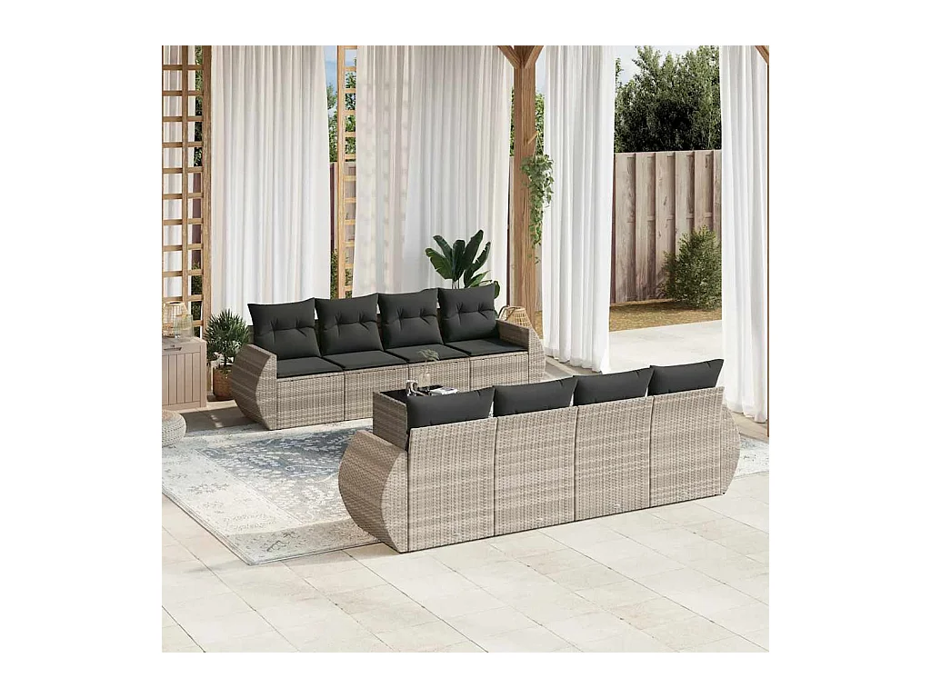 Set muebles jardín 9 piezas y cojines ratán sintético gris claro