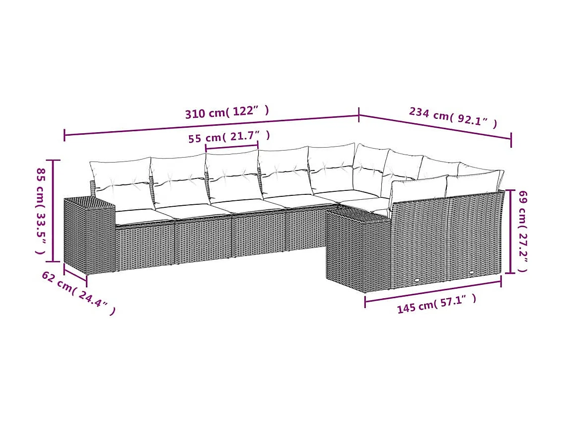 9-delige Loungeset met kussens poly rattan lichtgrijs