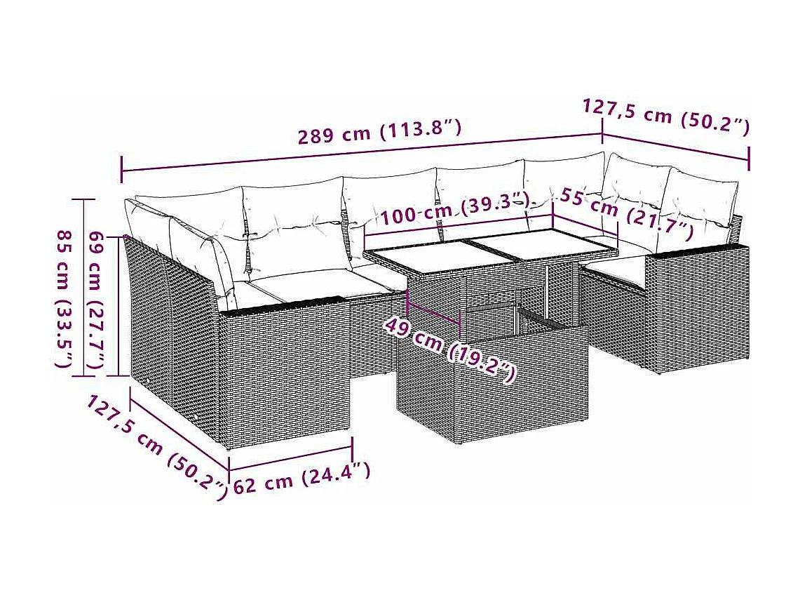 8-delige Loungeset met kussens poly rattan lichtgrijs