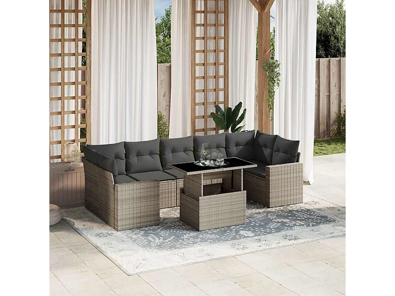 8-delige Loungeset met kussens poly rattan lichtgrijs