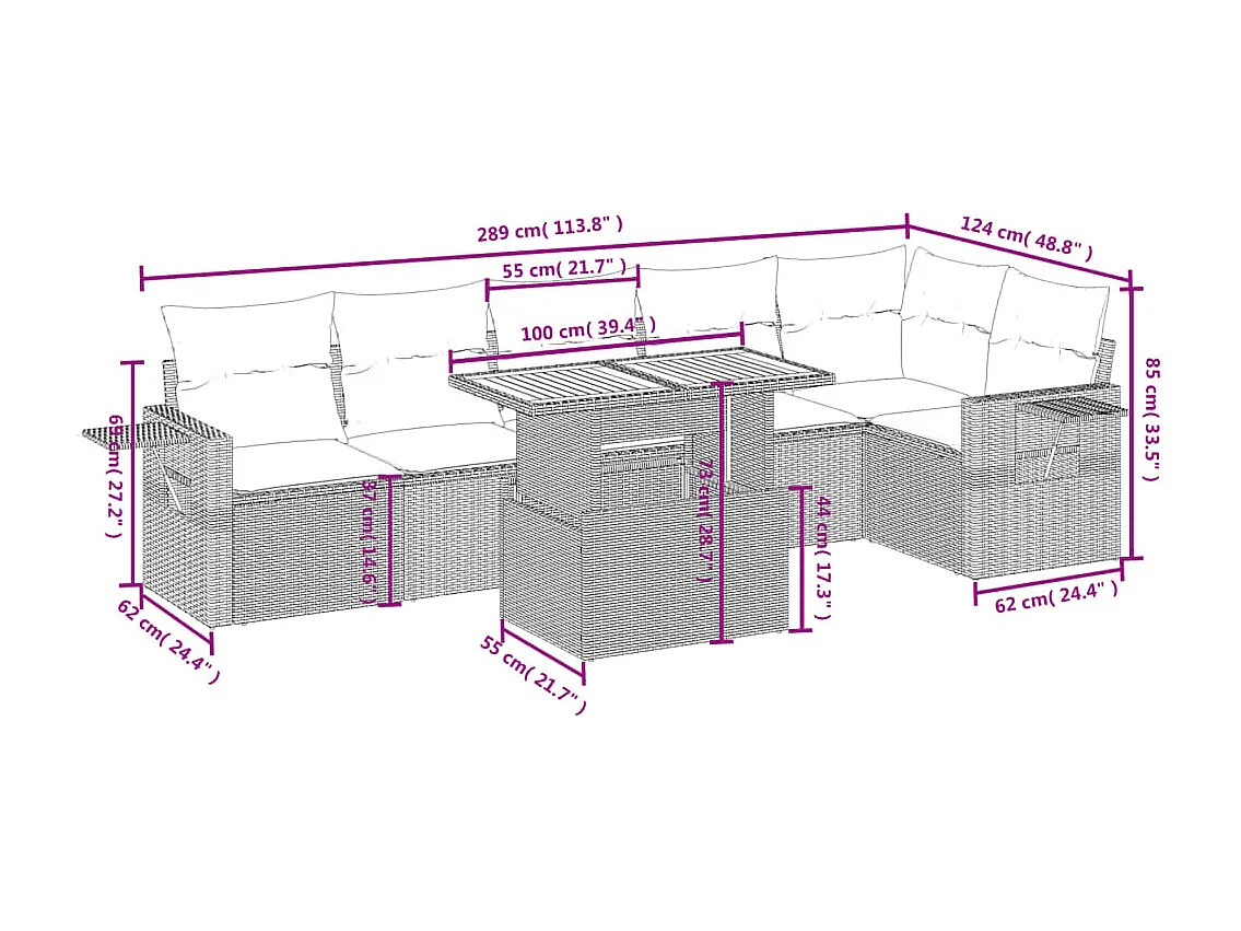 Salon de jardin avec coussins 7 pièces beige résine tressée