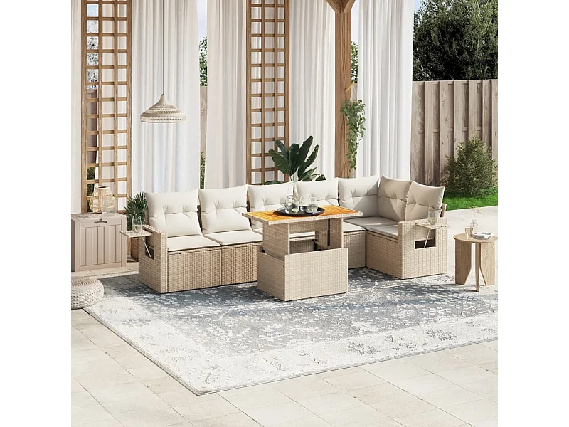 Salon de jardin avec coussins 7 pièces beige résine tressée