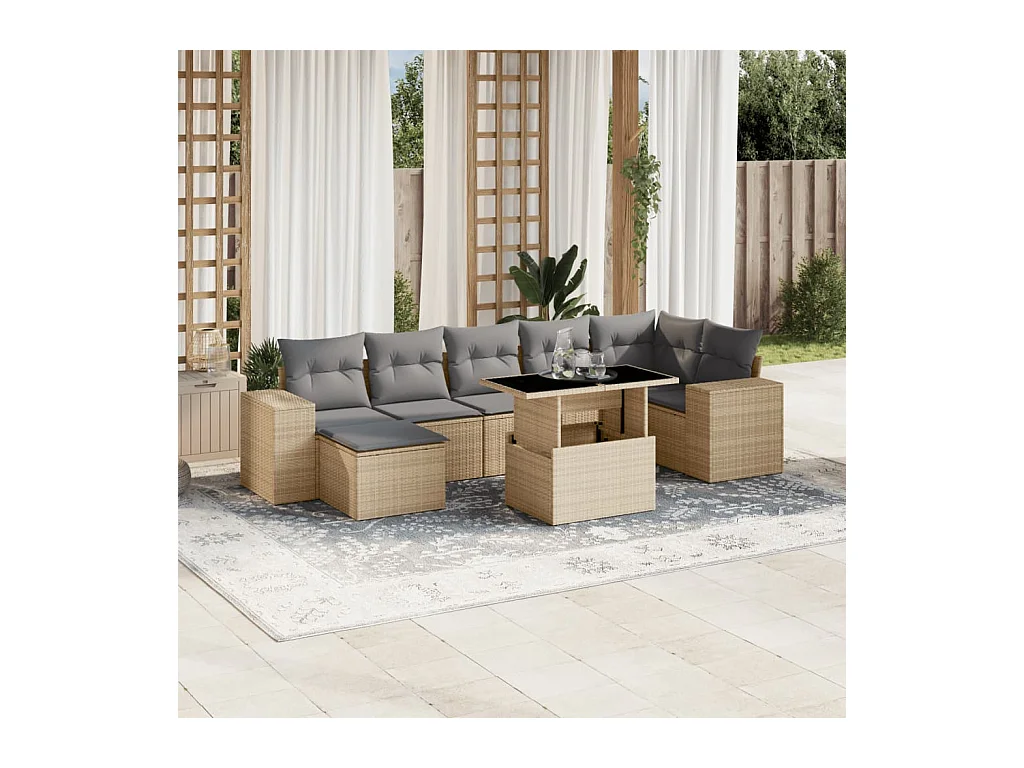 8 peças conjunto de sofás para jardim com almofadões vime PE bege