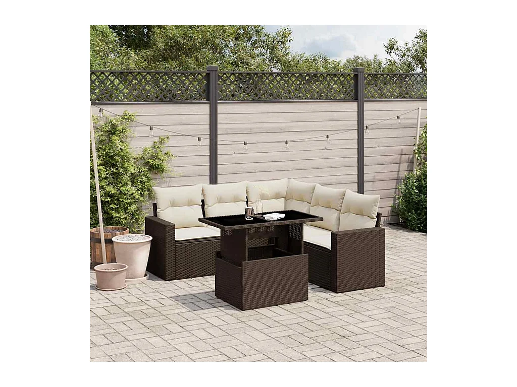 6-delige Loungeset met kussens poly rattan bruin
