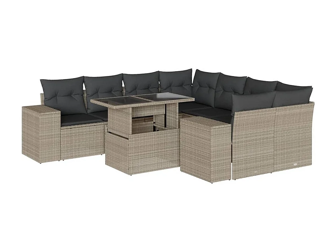 Salon de jardin 9 pièces avec coussins gris clair résine tressée