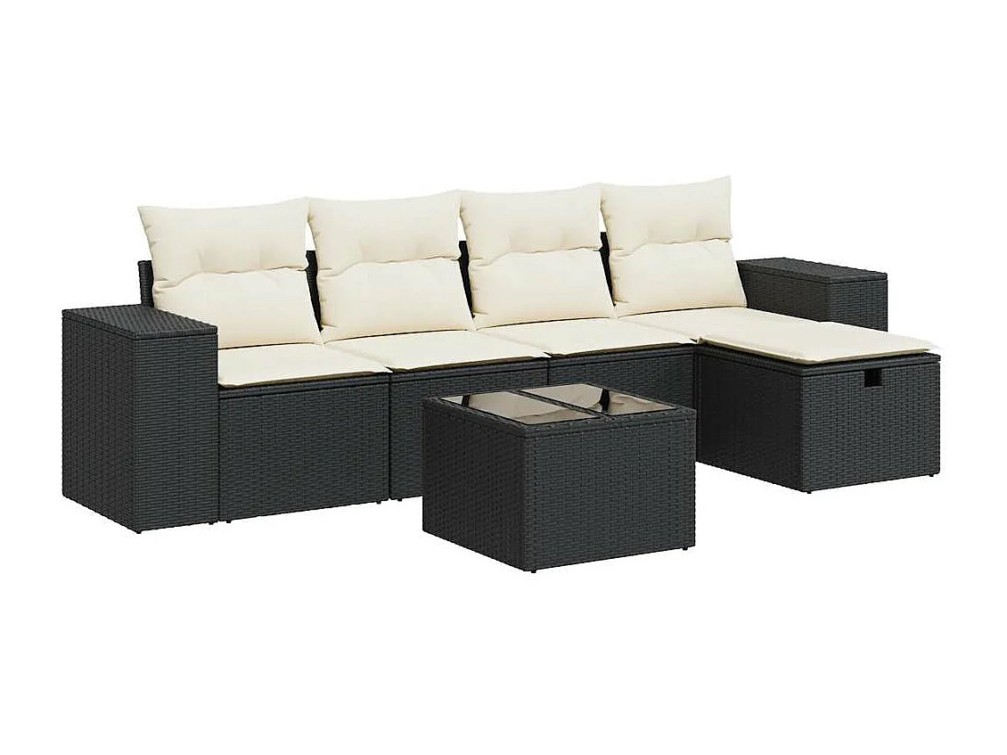 6-delige Loungeset met kussens poly rattan zwart