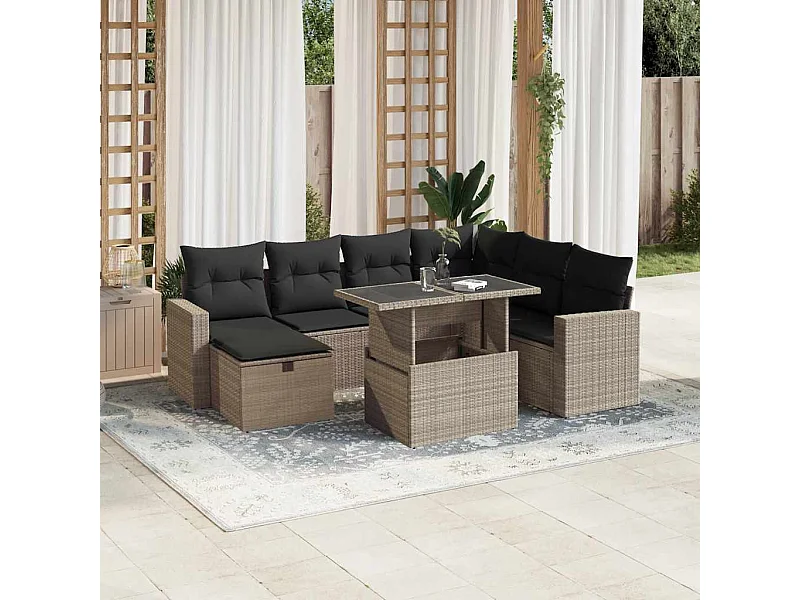 Salon de jardin 8 pièces avec coussins gris clair résine tressée