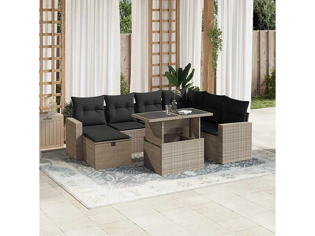 Salon de jardin 8 pièces avec coussins gris clair résine tressée