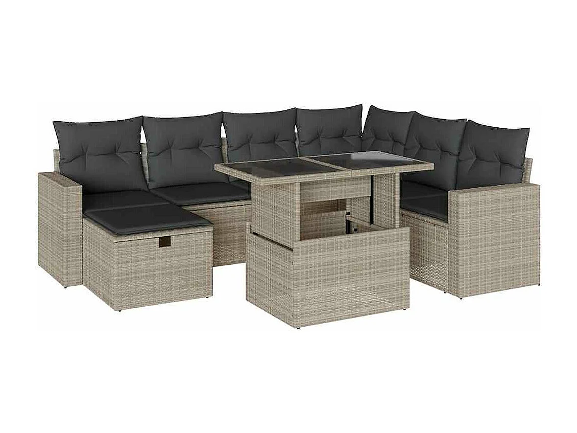 Salon de jardin 8 pièces avec coussins gris clair résine tressée