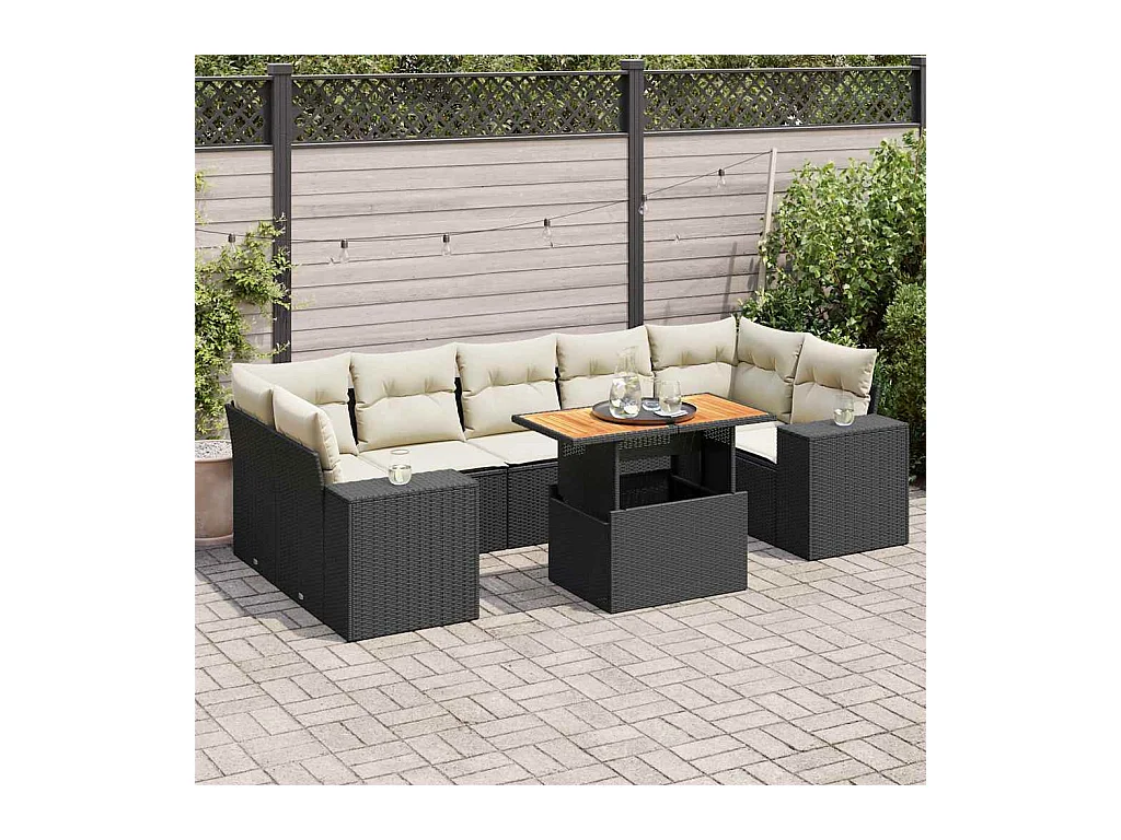 Salon de jardin 8 pièces avec coussins noir résine tressée
