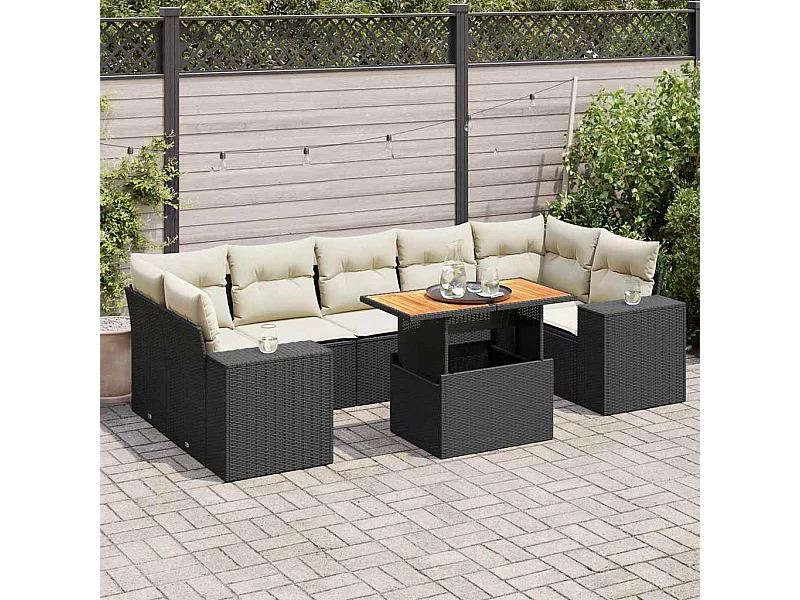 Salon de jardin 8 pièces avec coussins noir résine tressée