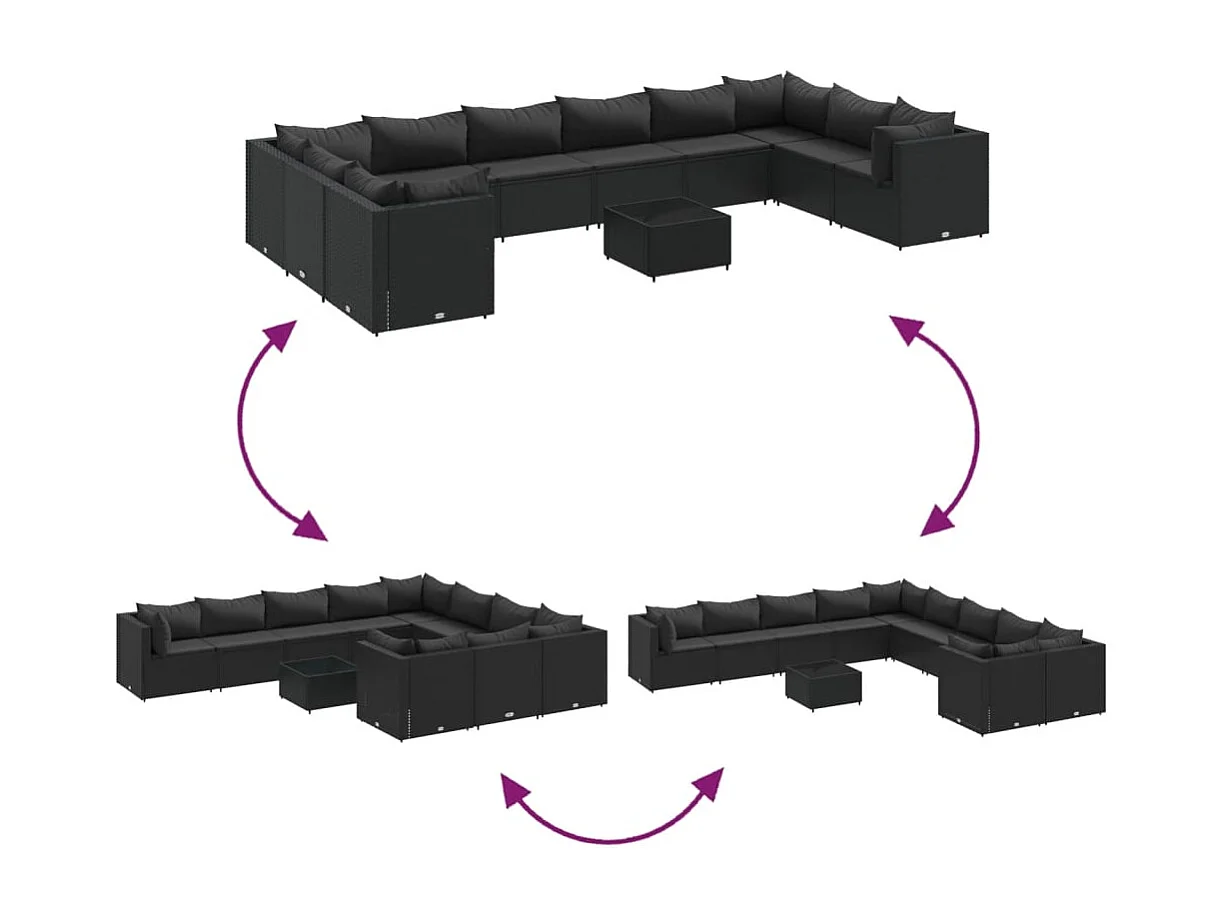 11 peças conjunto sofás de jardim com almofadões vime PE preto